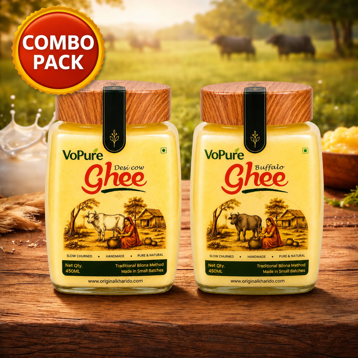 VoPure Cow Desi Ghee 450ml + Buffalo Desi Ghee 450ml combo pack